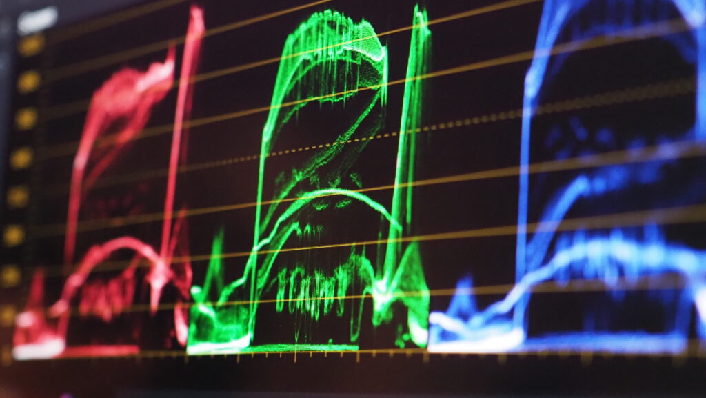 Color grading graph or RGB colour correction indicator on monitor in post production process. Telecine stage in video or film production processing. for colorist edit or adjust color on digital movie.